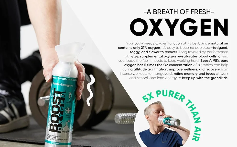 Boost Oxygen Natural Portable 5 Liter Pure Oxygen Canister, Includes Flavorless, Pink Grapefruit, Peppermint, & Menthol Eucalyptus Bottles (4 Pack) Variety Pack 4 Count (Pack of 1) - bundles