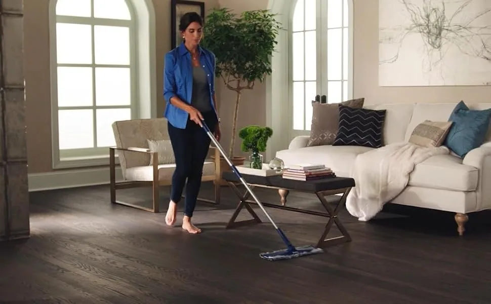 Bona Microfiber Dusting Pad, for Hardwood and Hard-Surface Floors, fits Bona Family of Mops - woman dusting floor with Bona Microfiber Mop and Bona Microfiber Dusting Pad