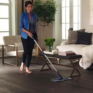 Bona Microfiber Dusting Pad, for Hardwood and Hard-Surface Floors, fits Bona Family of Mops - woman dusting floor with Bona Microfiber Mop and Bona Microfiber Dusting Pad