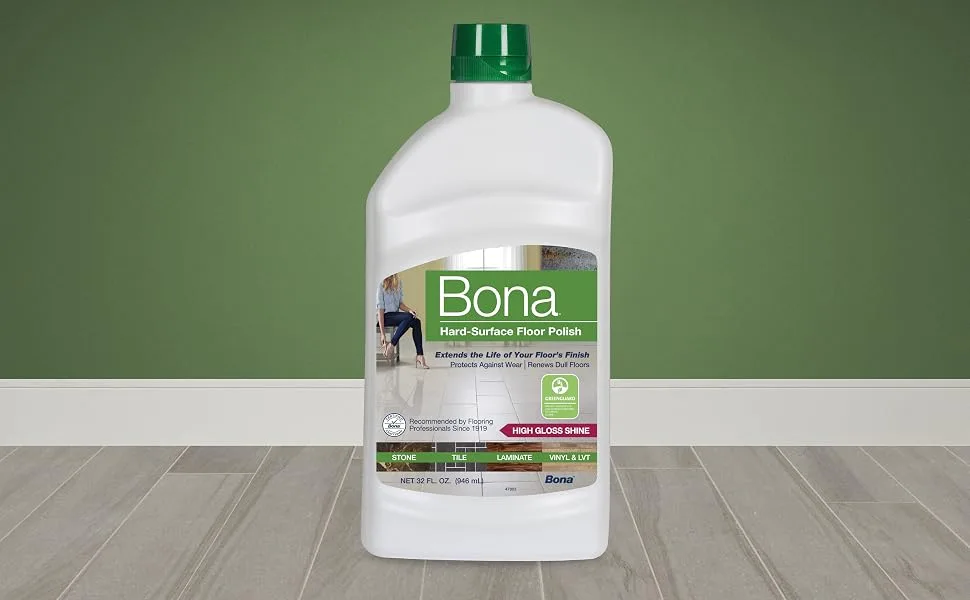 Bona Hard-Surface Floor Polish, for Stone Tile Laminate and Vinyl LVT/LVP, High Gloss, 32 Fl Oz - Bona Hard-Surface Polish on tile with green wall background