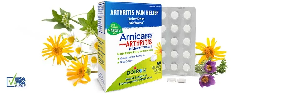 Boiron Arnicare Arthritis Tablets for Arthritis Pain Relief, Joint Soreness, and Rheumatic Pain - 60 Count 60 Count (Pack of 1) - Arnicare Arthritis box and sleeve of tablets with Arnica and other flowers from active ingredients