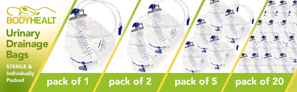 BodyHealt Urinary Drainage Bag with Anti-Reflux Chamber, 2000 mL Vinyl with 48" Drainage (2 Pack) Pack of 2 - banner2