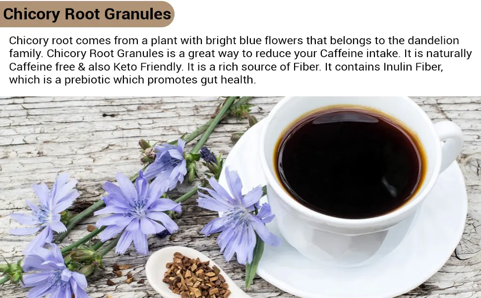 Blue Lily Organics Chicory Root Roasted Granules 16 oz (1 Pound), Chicory Coffee Caffeine Free Coffee & Tea Substitute, Inulin & Prebiotic Source - Chicory Root Granules Chicory Granules