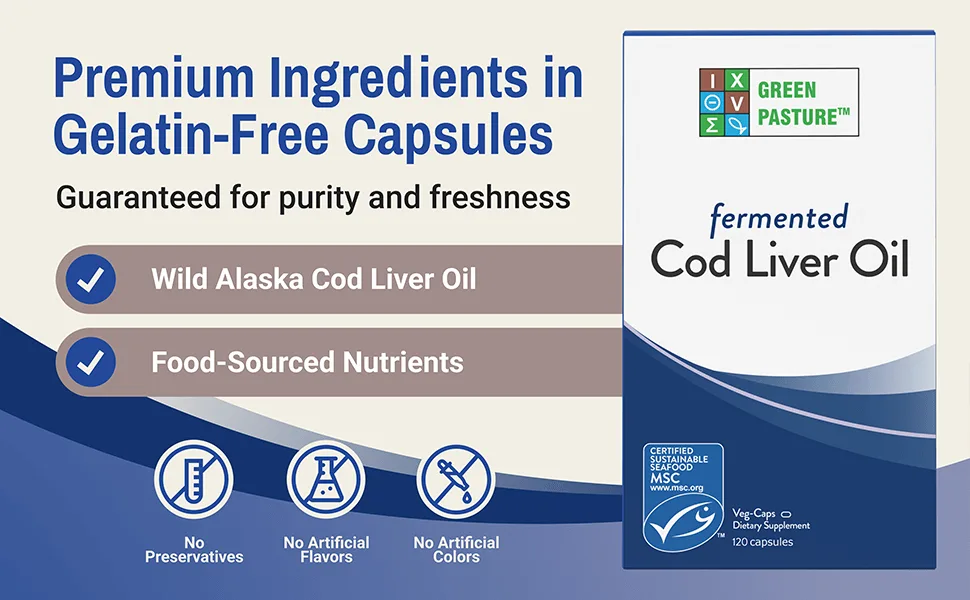 BLUE ICE Fermented Cod Liver Oil -Non-Gelatin 120 Capsules - Cod 120 Caps