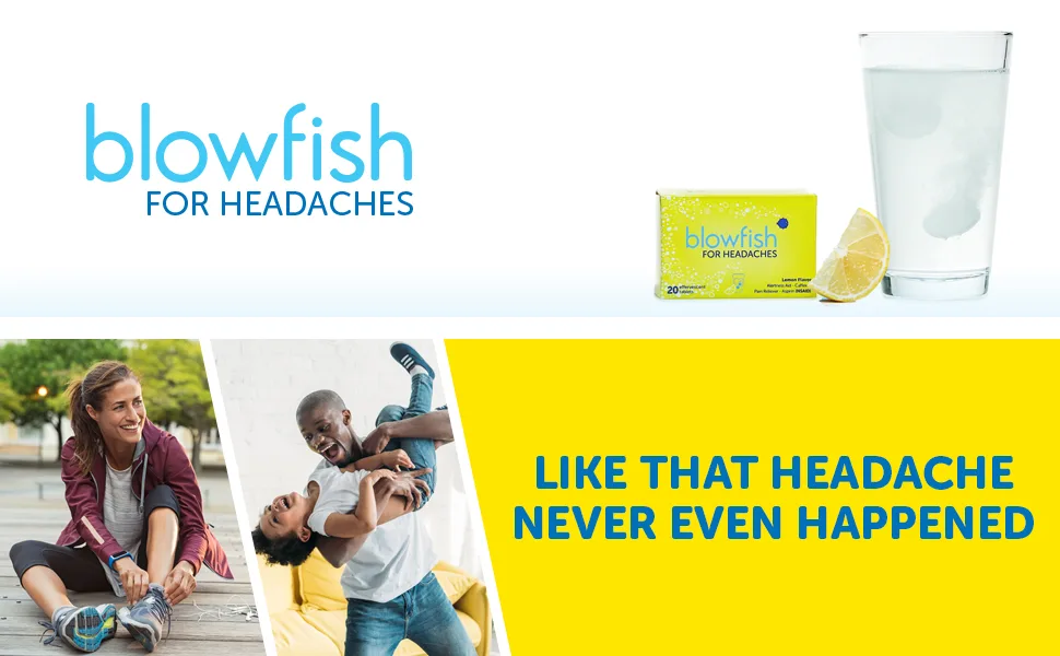 Blowfish for Headaches | New Maximum Strength Effervescent Formula Treats Headaches Fast (1 Pack) 20 Count (Pack of 1) - Hero Image Box and Glass