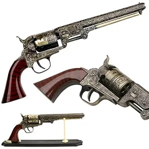 BladesUSA - Decorative Western Revolver with Display Stand - 13-inches Overall, Western Style Navy Revolver with Ornate Engravings on Body - SMB-110 - Decorative, Collectible, Cosplay - product information 1