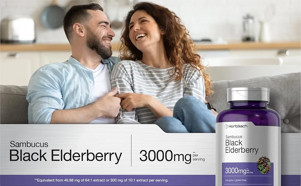 Horbaach Black Elderberry | 3000mg Capsules | 300 Count | Non-GMO, Gluten Free | Sambucus Supplement - black elderberry