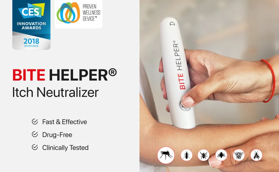 BITE HELPER- Mosquito and Bug bite Itch Relief- Award-Winning, Chemical-Free Treatment, Insect Sting and bite Relief. Dermatologist Tested, Bug bite First-aid, Anti-Itch Device (White) - bite helper logo