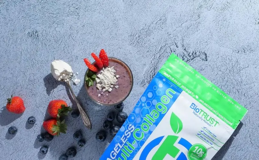 BioTrust Ageless Multi Collagen Protein a 5-in-1 Collagen Powder, 5 Collagen Types, Hydrolyzed Collagen Peptides, Grass-Fed Beef, Sustainable Fish, Chicken and Eggshell Membrane (Unflavored) - bag of collagen on table