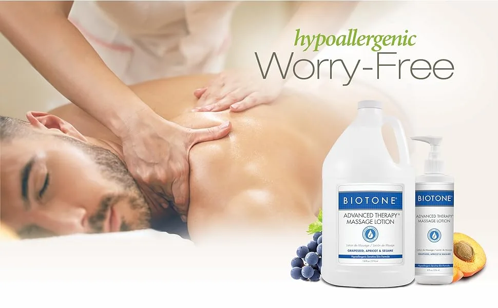 BIOTONE Advanced Therapy Massage Lotion, Hypoallergenic and Fragrance-Free, More Glide and Workability, Absorbs for a Non-Greasy Finish 128 Fl Oz (Pack of 1) - Advanced Therapy Massage Lotion banner