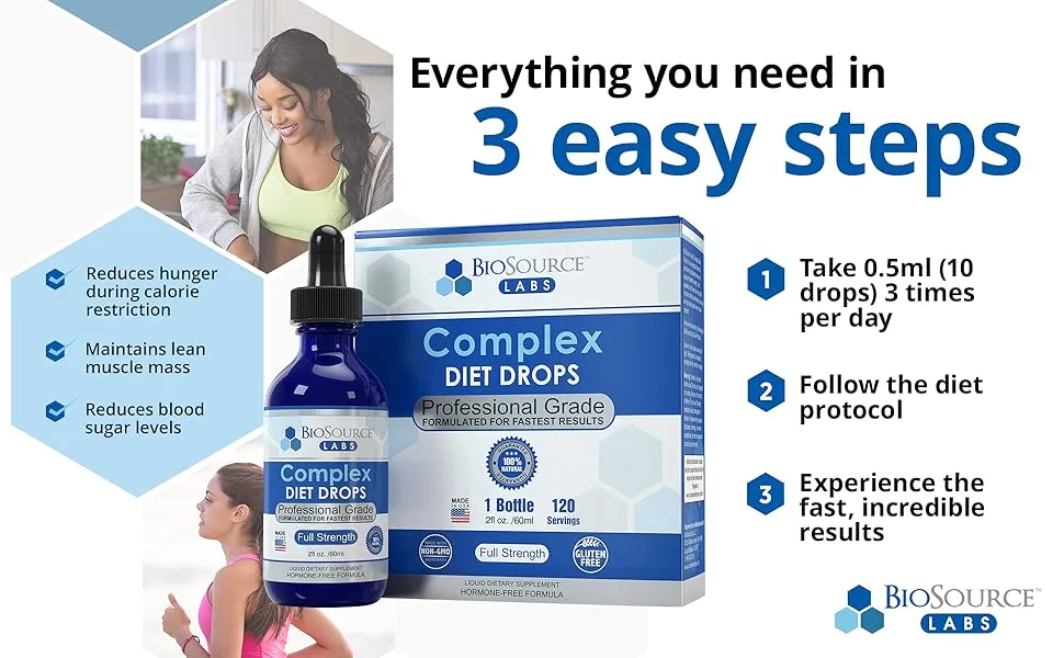 BioSource Labs Complex Diet Drops  Best Natural Weight Management Drops for Men and Women (1 Bottle, 2 fl oz) 2 Fl Oz (Pack of 1) - Everything you need in 3 easy streps weight loss diet plan fast results reduce hunger lean muscle