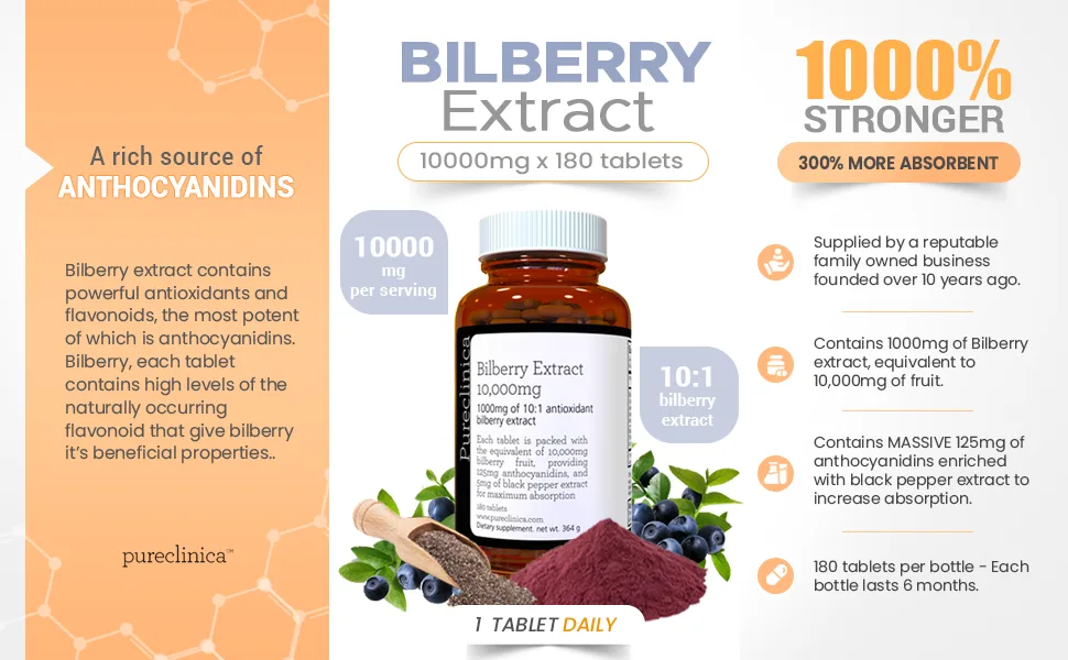 Bilberry Extract 10,000mg x 180 Tablets (6 Months Supply)- 10X More anthocyanidin Plus 5mg Black Pepper per Tablet - Bilberry