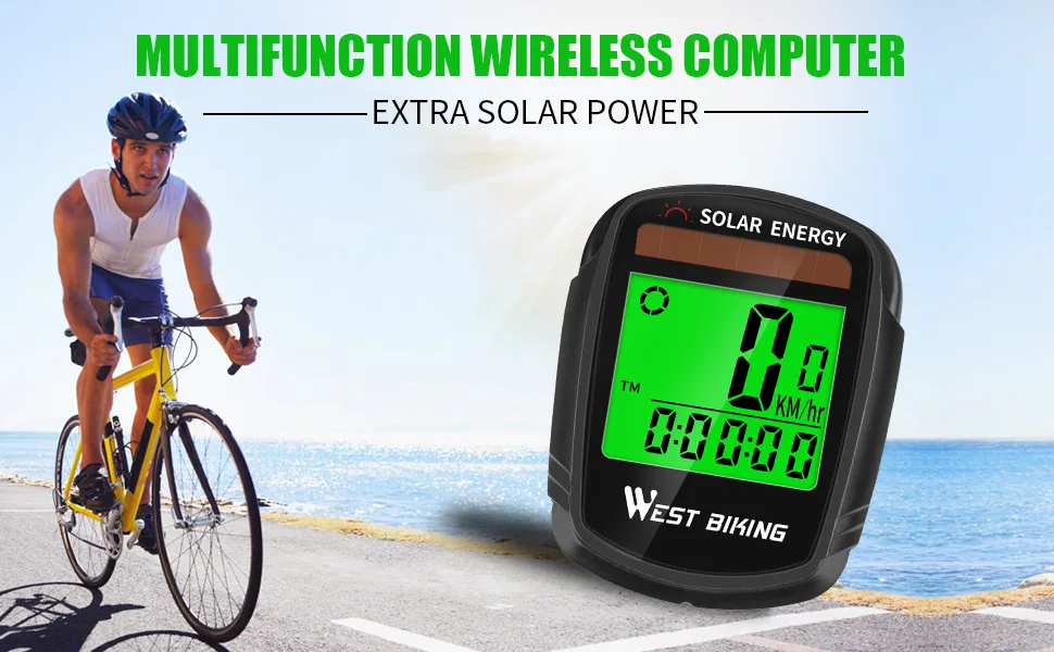 Bike Computer with Solar Energy Bicycle Speedometer and Odometer Wireless Waterproof Cycling Computer LCD Backlight Automatic Wake-up & Multi-Functions - bike computer