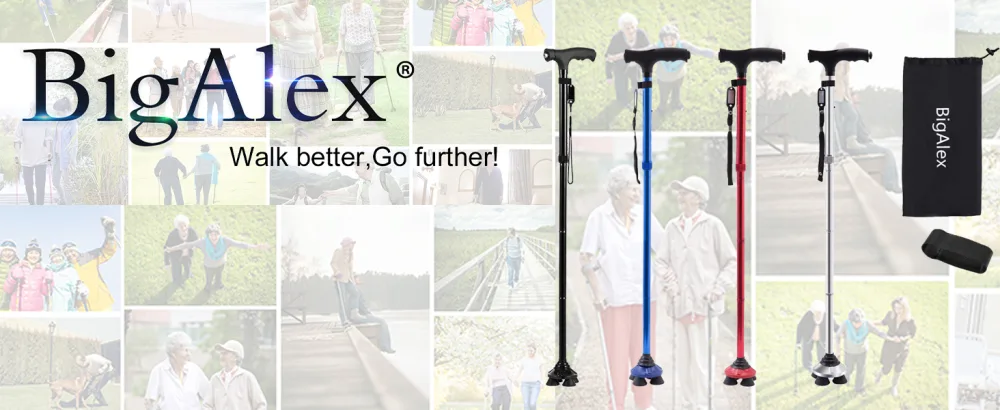BigAlex Folding Walking Cane with LED Light,Pivoting Quad Base,Adjustable Walking Stick with Carrying Bag for Man/Woman 5.5 - 6.3 Feet Black - BigAlex Walking Cane