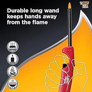 BIC Multi-Purpose Classic and Flex Wand Candle Lighters, Assorted Colors, Reliable and Safe, For Fireplaces, Campfires and More, Utility Lighter, 4-Count - Durable long wand keeps hands away from the flame