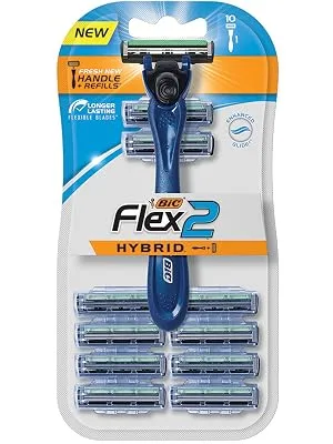 BIC Flex 2 Hybrid Men's Twin Blade Razor, One Handle 10 Cartridges, Set - bic flex2 hybrid pack