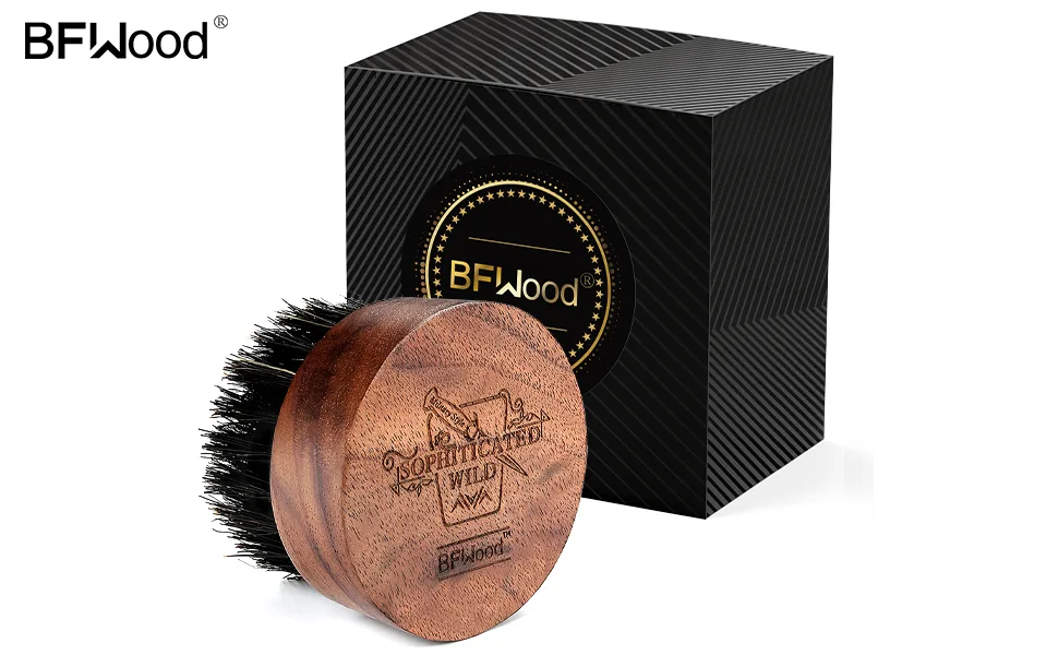 BFWood Beard Brush for Men - Boar Bristles Small and Round - Black Walnut Wood - Small Beard Brush