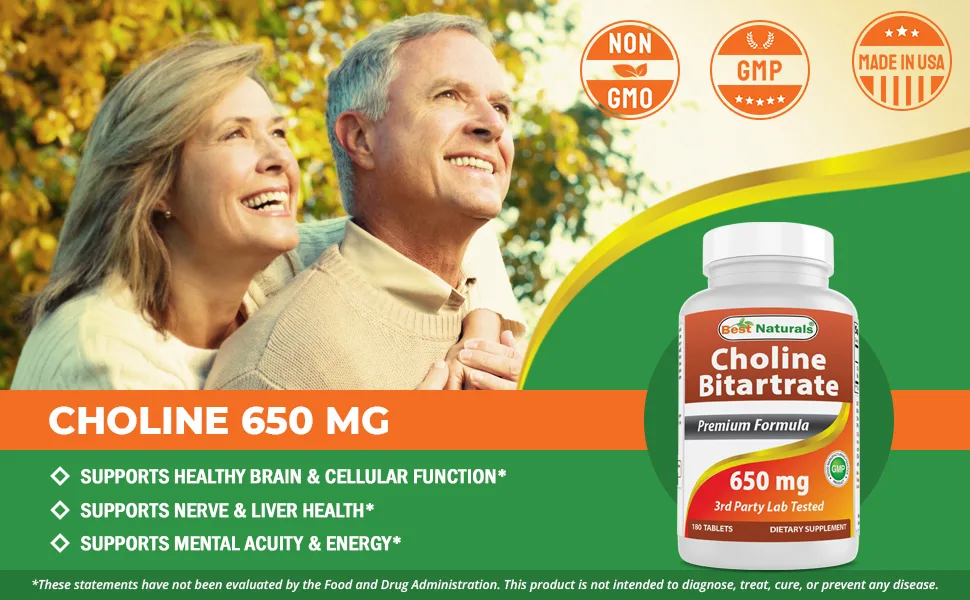Best Naturals Choline Bitartrate 650 mg (Non-GMO) for Healthy Cognitive Brain Function 180 Tablets - Choline 650 mg 180 Tablets