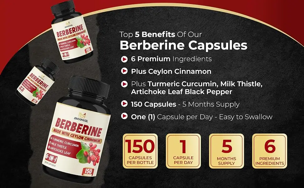 Berberine Supplement 4700mg - 5 Months Supply - High Potency with Ceylon Cinnamon, Turmeric - Supports Immune System, Cardiovascular & Gastrointestinal Function - Berberine HCl Supplement Pills - Berberine extract capsules