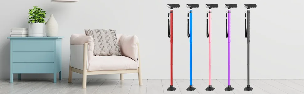 BeneCane Walking Cane for Women Folding Cane for Men with Two Led Lights Quad Cane with Stable Base Lightweight and Adjustable Walking Stick. Purple - BeneCane Walking Cane with light