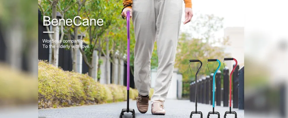 BeneCane Quad Cane Adjustable Walking Cane with Offset Soft Cushioned Handle for Men & Women Lightweight Comfortable with 4-Pronged feet for Extra Stability black - BeneCane Walking Cane
