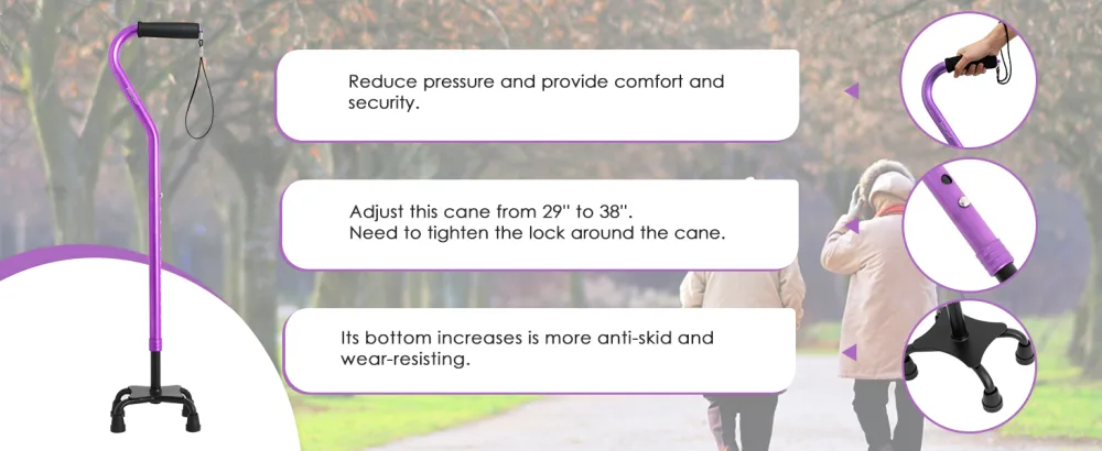 BeneCane Quad Cane Adjustable Walking Cane with Offset Soft Cushioned Handle for Men & Women Lightweight Comfortable with 4-Pronged feet for Extra Stability black - BeneCane Walking Cane