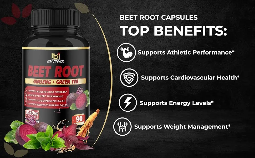 Beet Root Extract Capsules 8550mg - Green Tea, Red Spinach, Ginseng - Supports Athletic Performance, Digestive, Immune System - 3 Months Supply - Beet Root 90Caps Benefits