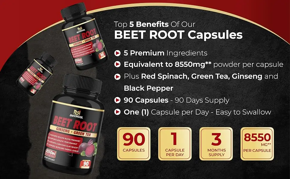 Beet Root Extract Capsules 8550mg - Green Tea, Red Spinach, Ginseng - Supports Athletic Performance, Digestive, Immune System - 3 Months Supply - Beet Root 90Caps Details