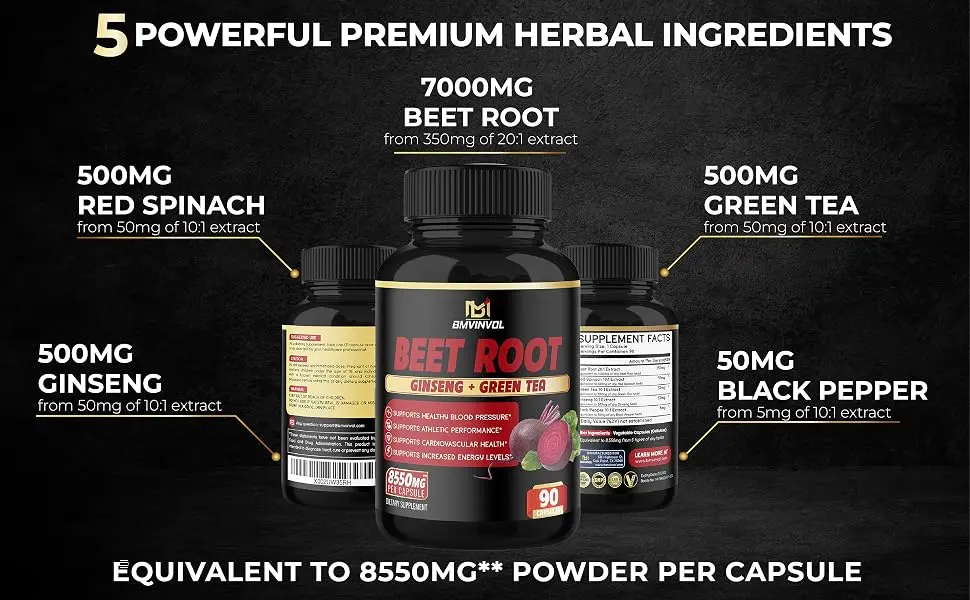 Beet Root Extract Capsules 8550mg - Green Tea, Red Spinach, Ginseng - Supports Athletic Performance, Digestive, Immune System - 3 Months Supply - Beet Root 90Caps ingredients