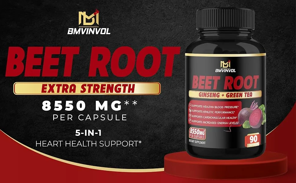 Beet Root Extract Capsules 8550mg - Green Tea, Red Spinach, Ginseng - Supports Athletic Performance, Digestive, Immune System - 3 Months Supply - Beet Root 90Caps Main