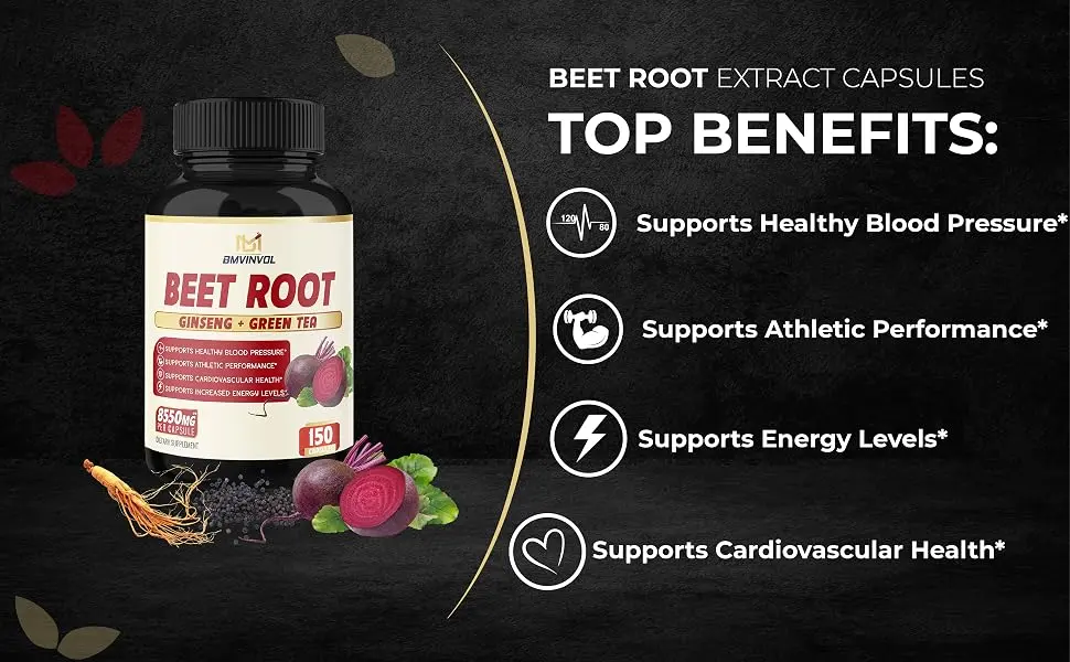Beet Root Extract Capsules 8550mg - 5 Months Supply - Red Spinach, Green Tea, Ginseng, Black Pepper - Supports Heart Health, Digestive, Immune System - Beet Root 150Caps Benefits