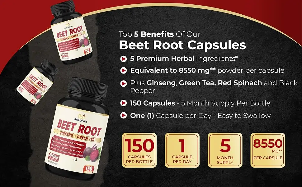 Beet Root Extract Capsules 8550mg - 5 Months Supply - Red Spinach, Green Tea, Ginseng, Black Pepper - Supports Heart Health, Digestive, Immune System - Beet Root 150Caps details