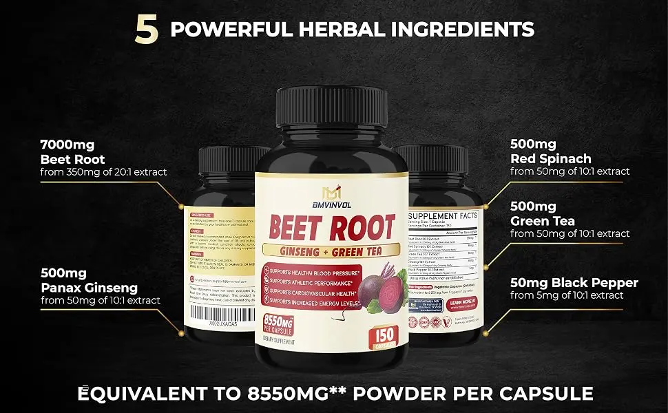 Beet Root Extract Capsules 8550mg - 5 Months Supply - Red Spinach, Green Tea, Ginseng, Black Pepper - Supports Heart Health, Digestive, Immune System - Beet Root 150Caps Ingredients