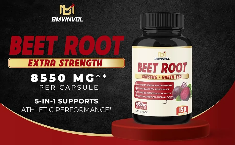 Beet Root Extract Capsules 8550mg - 5 Months Supply - Red Spinach, Green Tea, Ginseng, Black Pepper - Supports Heart Health, Digestive, Immune System - Beet Root 150Caps Main