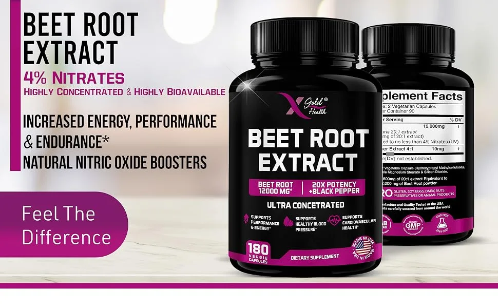 Beet Root Extract Capsules - 12000mg 20x Concentrated Beet Root Capsules Supplement w/ Black Pepper - High Nitrates - Natural Nitric Oxide Booster - Highly Concentrated & Bioavailable -180 Veggie Caps - beet root extract
