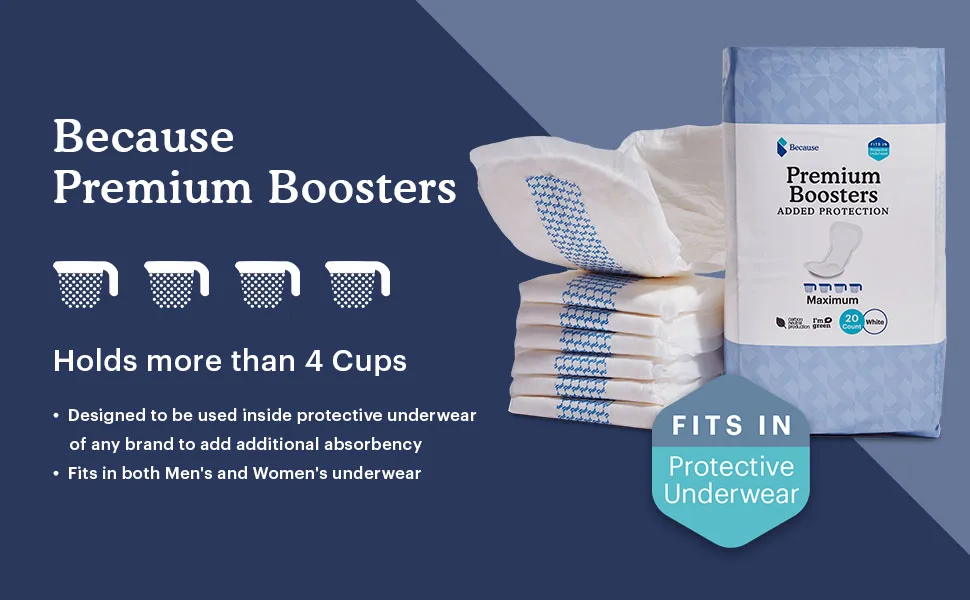 Because Premium Incontinence Boosters  Add Extra Absorbency to Adult Diapers  Super Absorbent, Soft, Contoured Fit  Unisex  20 Boosters - Because boosters