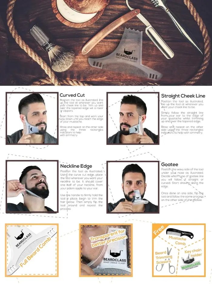 Beardclass Beard Shaping Tool - 8 in 1 Comb Multi-liner Beard Shaper Template Comb Kit Transparent - Works with any Beard Razor Electric Trimmers or Clippers (Clear) - product information 2