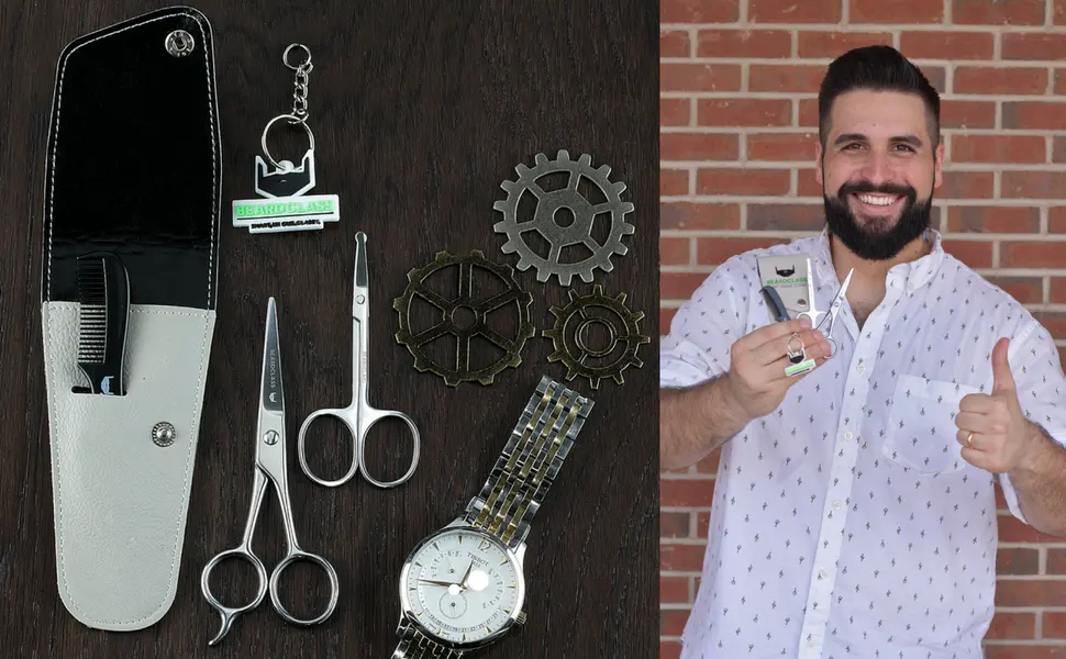 BEARDCLASS Beard Mustache Scissors Kit Set for Men (3 in 1) for Beard Care with Small Comb and Leather Pouch - Beard Grooming Set Kit