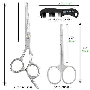 BEARDCLASS Beard Mustache Scissors Kit Set for Men (3 in 1) for Beard Care with Small Comb and Leather Pouch - Beard Scissors Dimensions