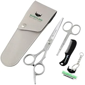BEARDCLASS Beard Mustache Scissors Kit Set for Men (3 in 1) for Beard Care with Small Comb and Leather Pouch - Beard Scissors Set