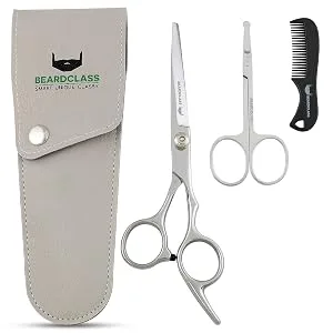 BEARDCLASS Beard Mustache Scissors Kit Set for Men (3 in 1) for Beard Care with Small Comb and Leather Pouch - Mustache Scissors