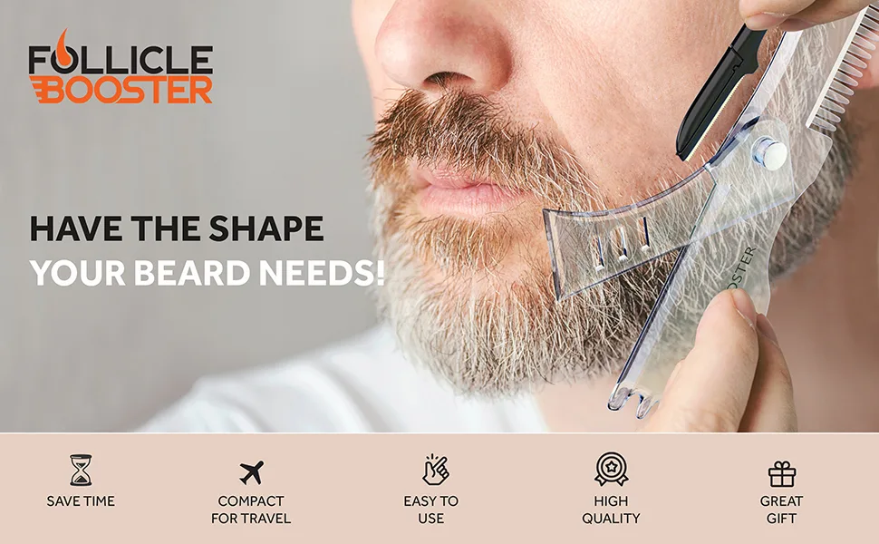 Beard Shaper Kit - Complete Shaping & Styling Tool - Transparent Adjustable Shaper, Razors, Barber Pencil - Beard Stencil Guide Template Outliner Many Styles for Perfect Line Up - follicle booster beard shaper tool