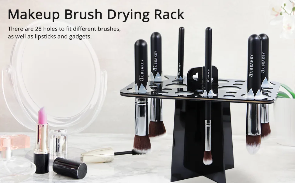 BEAKEY Makeup Brush Drying Rack, BEAKEY Collapsible Makeup Brush Holder 28 Holes Makeup Brush Dryer stand - Black 28 Holes/Black - makeup brush drying rack