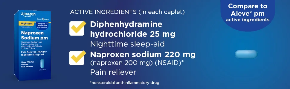 Basic Care Naproxen Sodium Pm, Naproxen Sodium and Diphenhydramine Hydrochloride Tablets, 220 Mg/25 Mg, 160 Count 160 Count (Pack of 1) - Amazon Basic Care Naproxen Sodium pm active ingredients