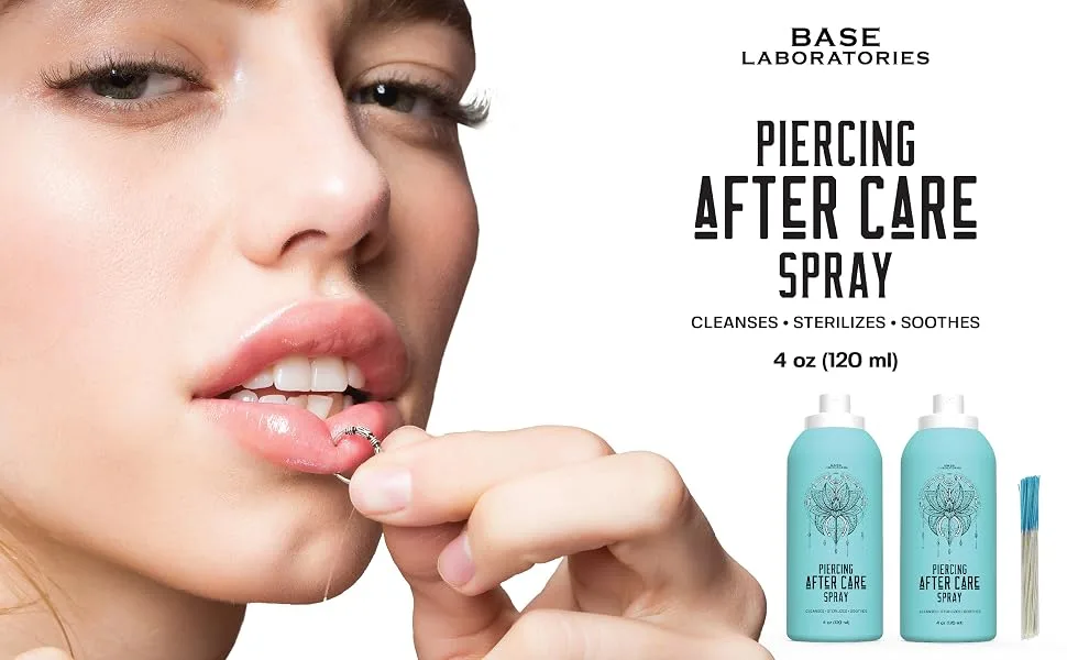 Base Labs Piercing Aftercare Spray Kit | Nose & Ear Piercing Cleaner Kit | Saline Solution for Piercings - 8 oz Total Piercing Aftercare Spray - Piercing Keloid & Bump Treatment (2 x 4oz) &1 PK (70CT) - pierce spray