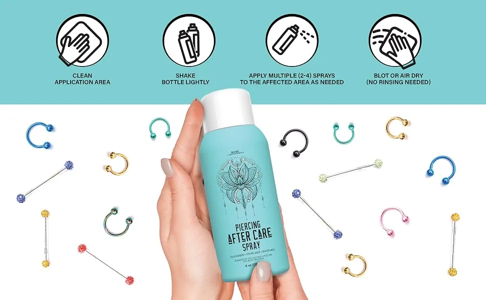 Base Labs Piercing Aftercare Spray Kit | Nose & Ear Piercing Cleaner Kit | Saline Solution for Piercings - 8 oz Total Piercing Aftercare Spray - Piercing Keloid & Bump Treatment (2 x 4oz) &1 PK (70CT) - pierce spray