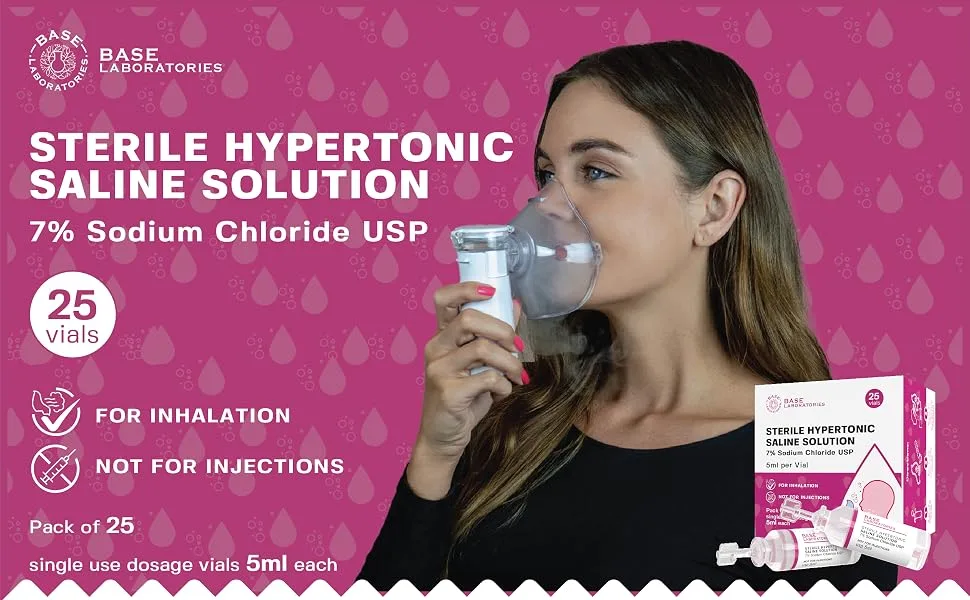 Base Labs 7% Hypertonic Saline Solution for Nebulizer Machine | Sterile Saline Solution for Inhalation| Helps with Respiratory Treatments, Clears Lungs, Mucus & Congestion l 25 Vials 5ml Unit Dose - saline vials