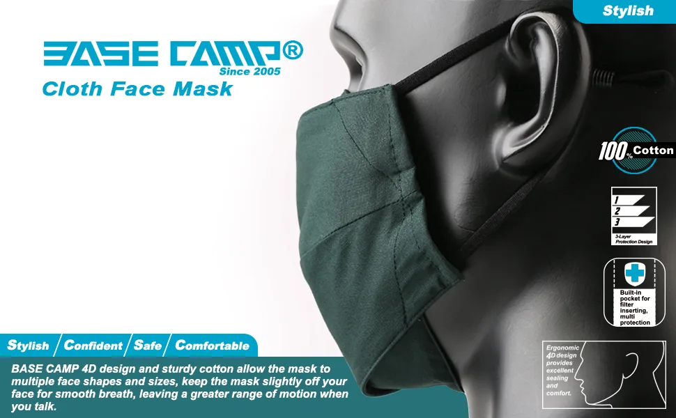 BASE CAMP Reusable Cloth Face Masks 100% Cotton Washable Adjustable Breathable Fabric Mask with Filter Pocket 1black+1green - BASE CAMP Cloth Face Mask