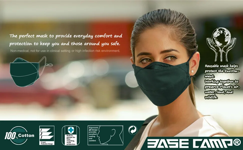 BASE CAMP Reusable Cloth Face Masks 100% Cotton Washable Adjustable Breathable Fabric Mask with Filter Pocket 1black+1green - BASE CAMP Cloth Face Mask Reusable Washable