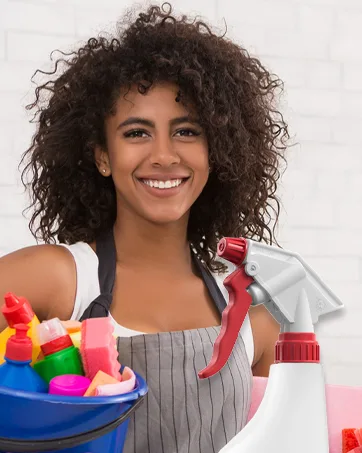 Bar5F Applicator Bottle with Angled Tip 8.5 ounce (Pack of 2) - girl holding a bucket with cleaning supplies next to a bar5f cleaning spray bottle